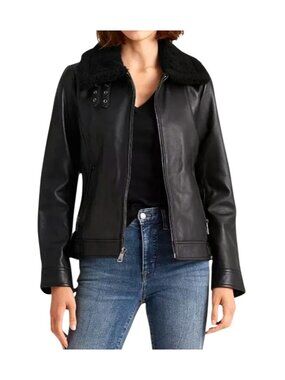 NWT Lauren Ralph Lauren Black Lambskin Faux Fur Leather Coat S MSRP $440